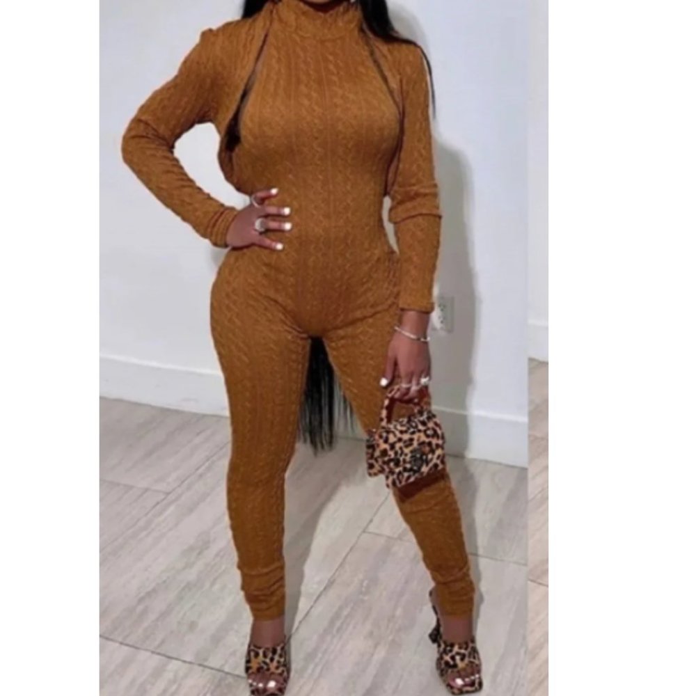 NWT Brown Cowl neck Long Sleeve Bare Back Jumpsuit with Blazer Sweater SET